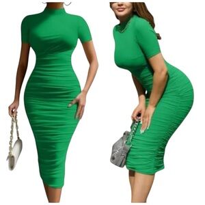 💥Elegant Stand Collar Green Bodycon Ruched Dress L